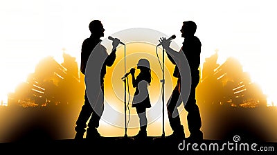Silhouette of a male and female vocalists singing with microphones Cartoon Illustration