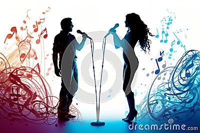 Silhouette of a male and female vocalists singing with microphones Cartoon Illustration