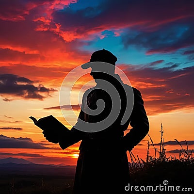 Silhouette of a male person reading book outdoors in sunset Cartoon Illustration