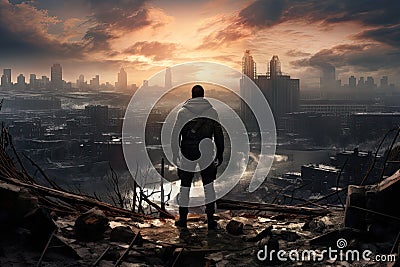 Silhouette of a man against the background of a destroyed city, An advanced Lone soldier standing in front of a destroyed city, Stock Photo