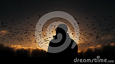 Silhouette of a man against a sky, sun and a flock of birds. Ideas on emotion or psychology, philosophical and scientific concepts Stock Photo