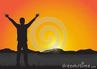 Silhouette of man with arms up with cheerful on golden sunrise background, successful life concept Vector Illustration