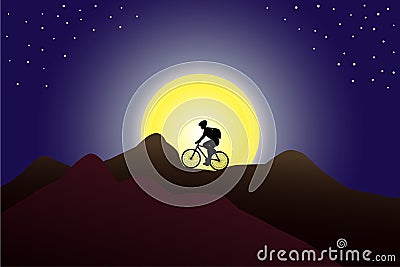 Silhouette of a man with a back pack riding the bicycle in the mountains against huge moon Vector Illustration