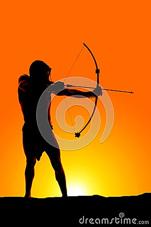 Silhouette man with bow and arrow Stock Photo