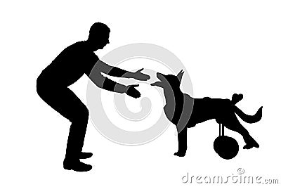 Silhouette Man calling for a paralyzed dog in a wheelchair Stock Photo