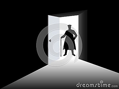 Silhouette of a man in a cloak in the open door. A man with a cane at the entrance to a dark room. Light from the open door. Vector Illustration