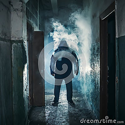 Silhouette of man in dark creepy corridor in clouds of vape steam or vapor smoke, mystery horror atmosphere Stock Photo