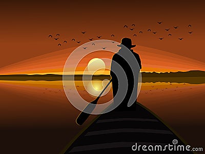 silhouette of a man in a hat rowing a small boat with the sun in the background Vector Illustration