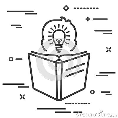 silhouette of man head view with light lamp bulb inside in trendy flat style reading big linear book icon over white background Stock Photo