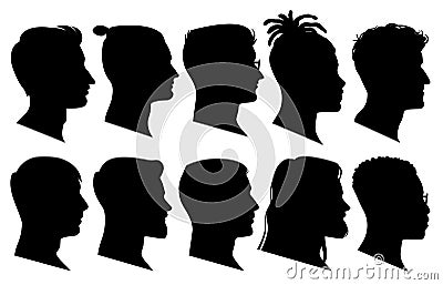 Silhouette man heads in profile. Black face outline avatars, professional male profiles anonymous portraits with Vector Illustration