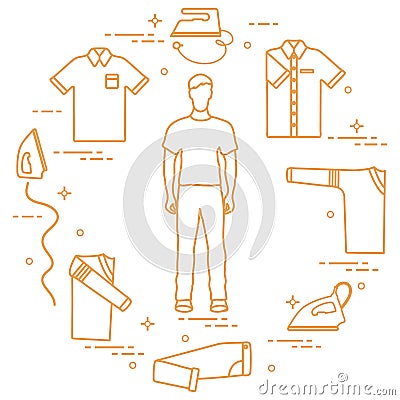 Silhouette of a man, irons and different clothes Vector Illustration