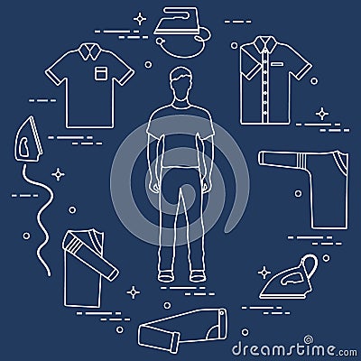Silhouette of a man, irons and different clothes. Vector Illustration