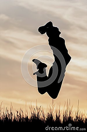 Silhouette of a man in a jump with his hands behind his head Stock Photo