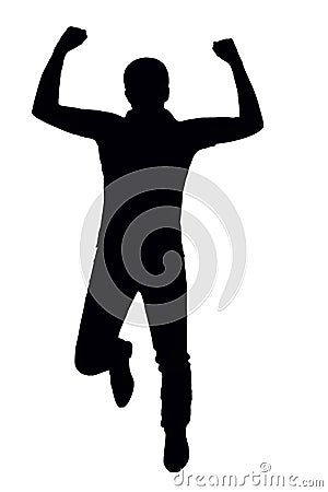 Silhouette of a man jumping for joy on a white isolated background Stock Photo