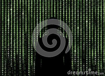 Silhouette of man looking through the matrix background Stock Photo