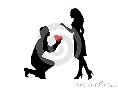 Silhouette of man in love gives his heart to woman Vector Illustration