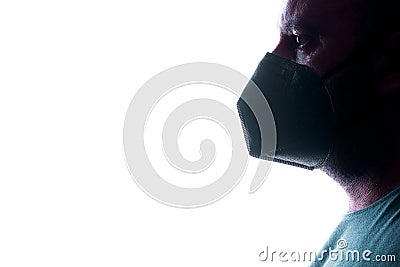 Silhouette of man with medical virus mask with white background Stock Photo