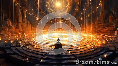 Silhouette of a man meditating in a sacred space filled with golden sparkles, observing a glowing sphere of light. Generative AI Stock Photo