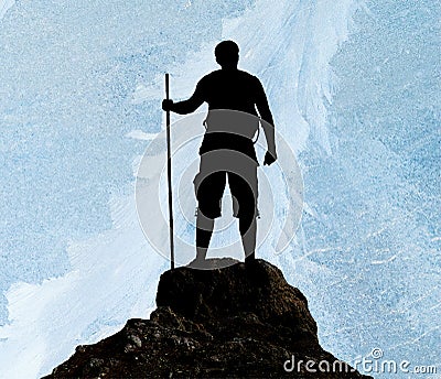 Silhouette of man on peak of mountain Stock Photo