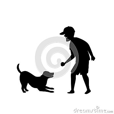 Silhouette of a man playing fetching ball game with dog Vector Illustration