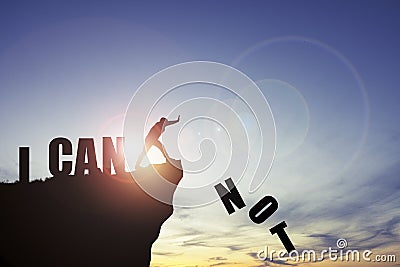 Silhouette man pushing Not wording from cliff for change I can not to I can , Positive thinking mindset concept Stock Photo