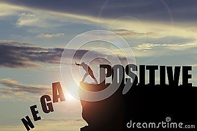 Silhouette man pushing to change wording from negative to positive for mindset concept Stock Photo