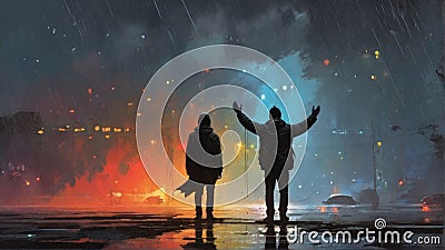 Man raising arms in the rain at night Cartoon Illustration