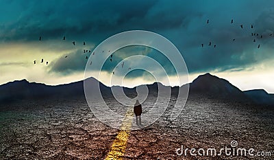 Silhouette of a man on the road, concept of uncertainty Stock Photo