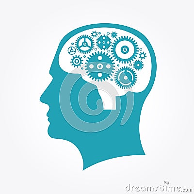 Silhouette of a man`s head with gears in the shape of the brain Vector Illustration