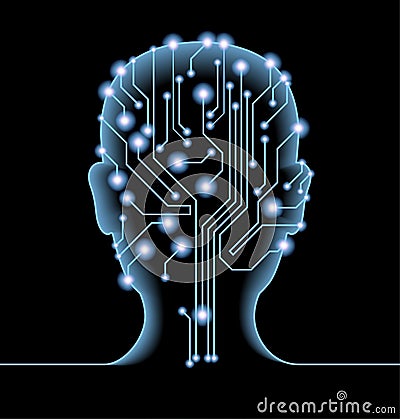 Silhouette of man`s head with the motherboard and gears. Vector Illustration