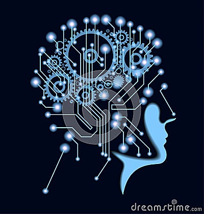 Silhouette of man`s head with the motherboard and gears. Vector Illustration