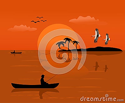 Silhouette of a man on a small boat that is fishing There is an island and the sunset background Vector Illustration