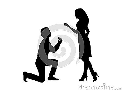 Silhouette of man standing on knee makes an offer to marry woman Vector Illustration
