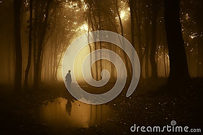 Silhouette of man standing near a pond in a dark creepy forest with fog in autumn Stock Photo