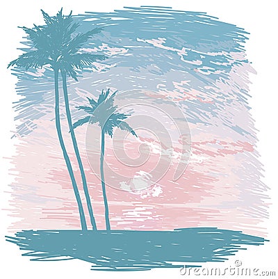 Silhouette of the man with a surfboard at tropical sunrise or tender sunset Vector Illustration