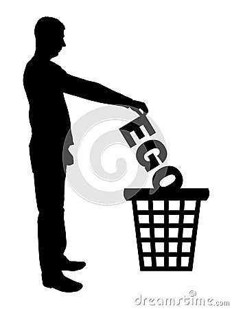 Silhouette of a man throws the word ego into the garbage bin Stock Photo