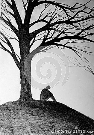 Silhouette of a man under the tree Stock Photo