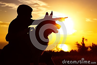 Silhouette of a man walking with a dog on the field at sunset, guy training pet in summer nature, boy giving a command Stock Photo