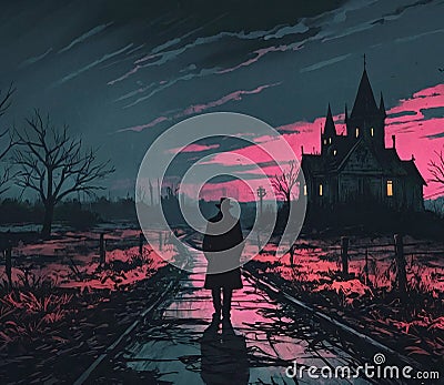 Silhouette of a Man Walking Down the Path, Gothic Style Artwork, AI Generative Stock Photo