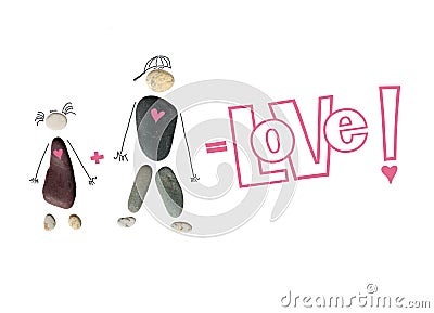 Silhouette of a man and woman, a couple from stones. The inscription `Love!`, sign plus and equal. Conceptual picture of love and Stock Photo