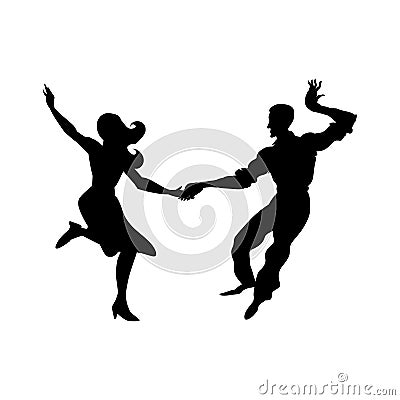 Silhouette of man and woman dancing a swing, lindy hop, social dances. The black and white. Vector illustration. Vector Illustration