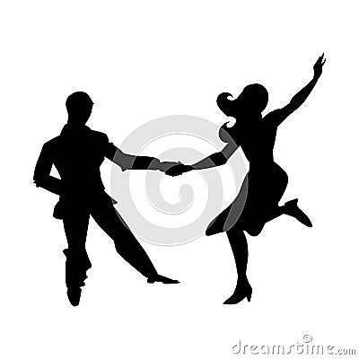 Silhouette of man and woman dancing a swing, lindy hop, social dances. The black and white vector illustration. Vector Illustration