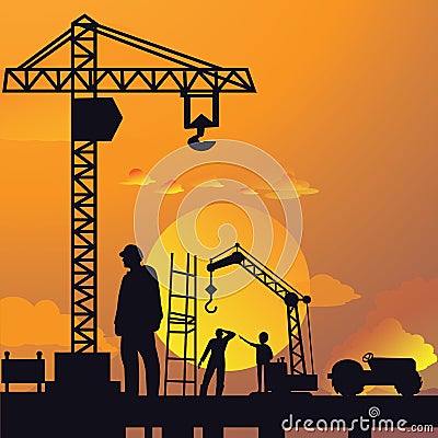 Silhouette of man working on construction site with crane and building in sunset sky dramatic illustration Vector Illustration