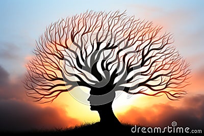 the silhouette of a mans head with a tree in the background Stock Photo