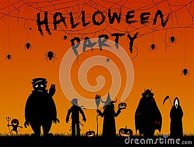 Silhouette many people with men and women wearing as ghost for festival halloween and text Vector Illustration