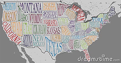 Silhouette of the map of USA with hand-written names of states - Texas, California, Iowa, Hawaii, New York, etc. Vector Illustration