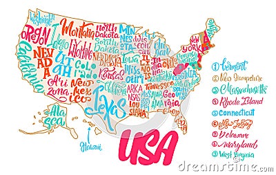 Silhouette of the map of USA with hand-written names of states - Vector Illustration