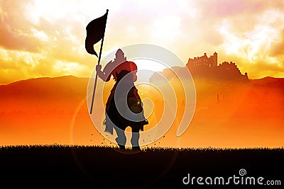 Silhouette of a medieval knight on horse carrying a flag on dram Stock Photo