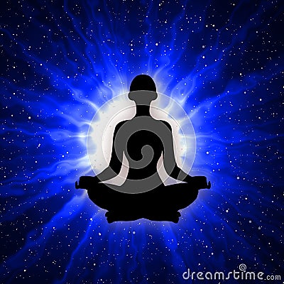 Silhouette of meditating person with blue light rays background Stock Photo