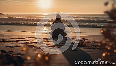Silhouette meditating on serene beach at sunset generated by AI Stock Photo